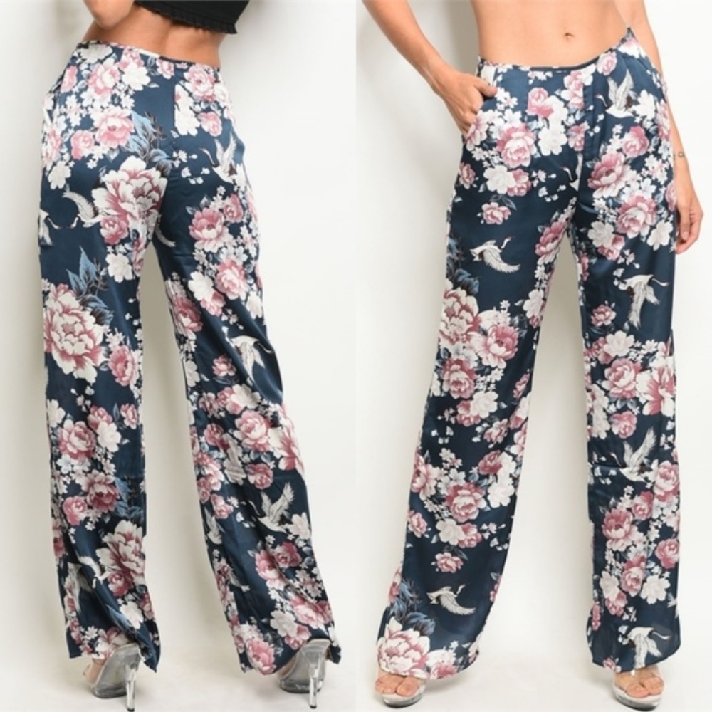 Floral satin pants